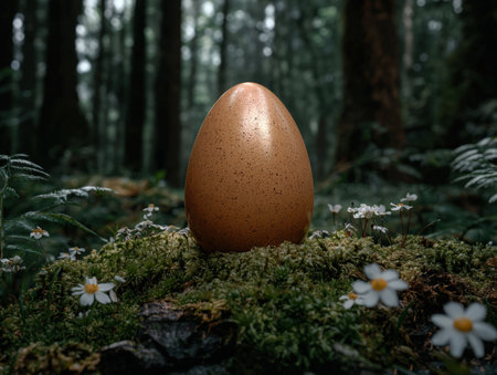 An egg rests on moss in a lush forest.の素材