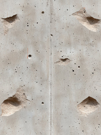Textured concrete wall with rough patches and small holes.の素材