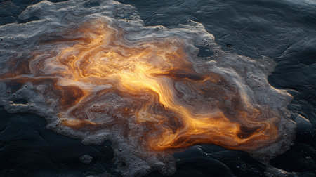 Abstract golden swirls in dark water create a mesmerizing pattern.の素材