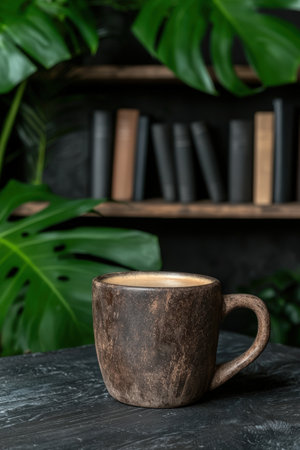 Earthy coffee mug with monstera leaves and books.の素材