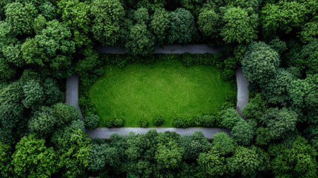 Aerial view of a rectangular green field surrounded by trees.の素材