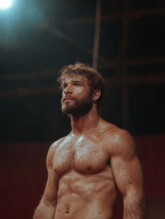 Sweaty, muscular man gazes upward in dramatic lighting.の素材