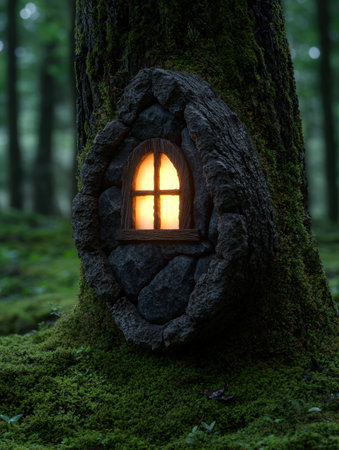 Enchanted fairy house window in a mossy forest.の素材