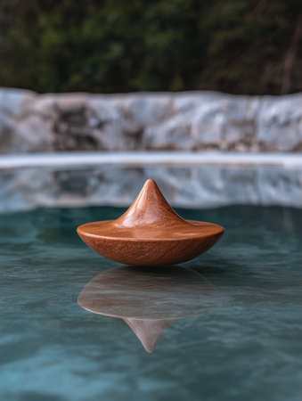 Wooden spinning top rests on a reflective surface.の素材