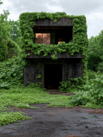 Overgrown building reclaimed by nature with lush green vines.の素材