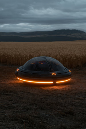 Unidentified flying object in a wheat field at dusk.の素材