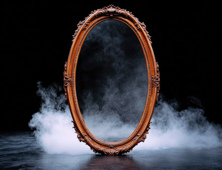 Ornate mirror with mysterious fog, creating a surreal atmosphere.の素材