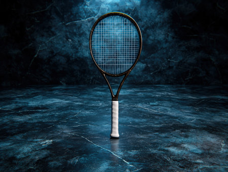 Dramatic tennis racket on a textured blue surface.の素材