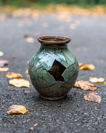 Broken ceramic vase with leaves on asphalt surface.の素材