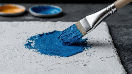Vibrant blue paint swirls on a textured white palette.の素材