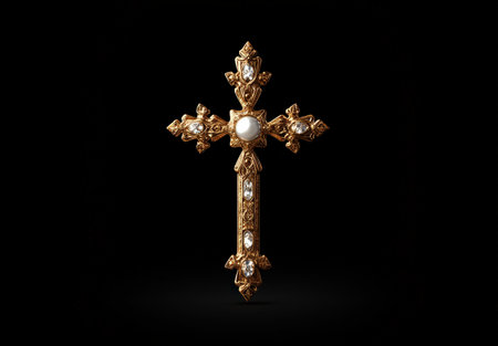 Ornate gold cross pendant with pearl and gemstones.の素材