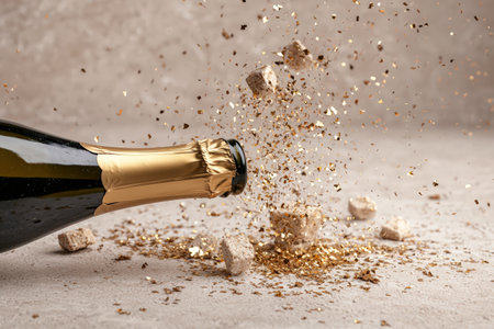 Festive champagne bottle explosion with golden confetti and cork.の素材