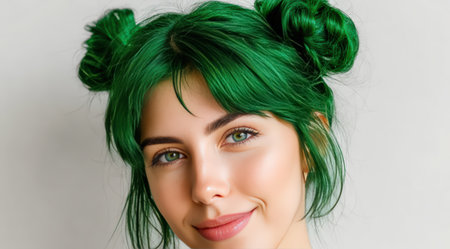 Smiling woman with vibrant green hair in space buns.の素材