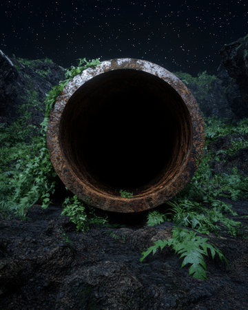 Mysterious tunnel entrance overgrown with lush, vibrant foliage at night.の素材