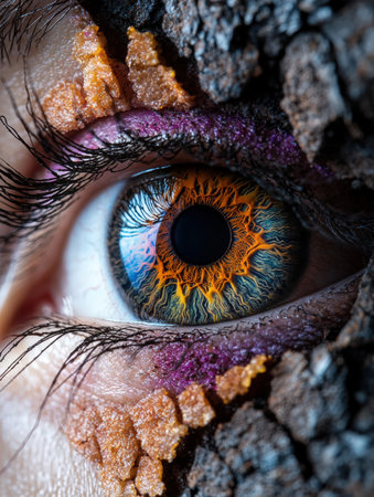 Intricate eye detail with textured makeup and vibrant iris.の素材
