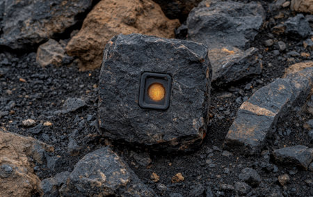 Illuminated rock with embedded light, geological exploration concept.の素材