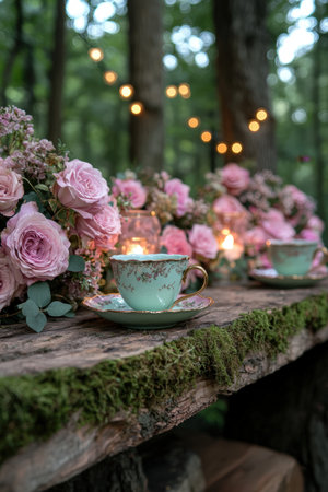 Enchanting tea party with vintage teacups and pink roses.の素材
