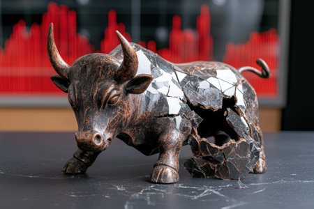 Broken bull statue symbolizes stock market crash and financial loss.の素材