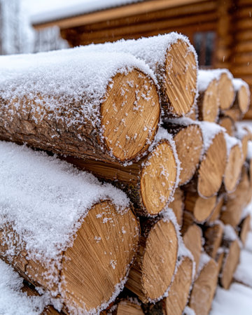 Snow-covered stack of firewood logs in winter.の素材