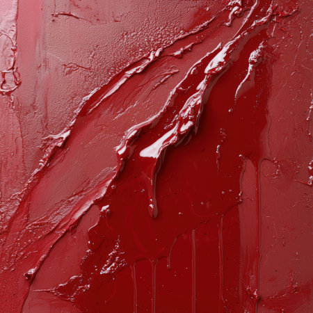 Abstract red paint texture with drips and brushstrokes.の素材