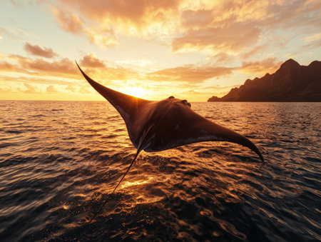 Manta ray gliding through ocean waters at sunset.の素材