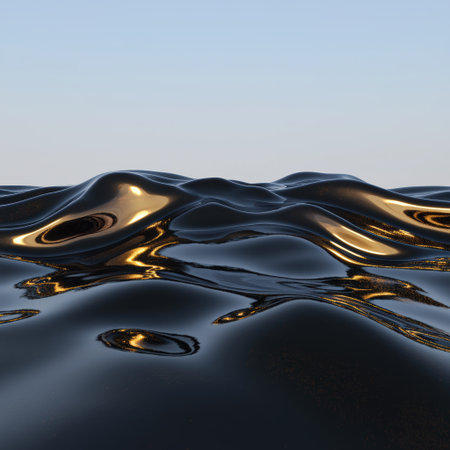 Abstract black liquid waves with golden highlights background.の素材