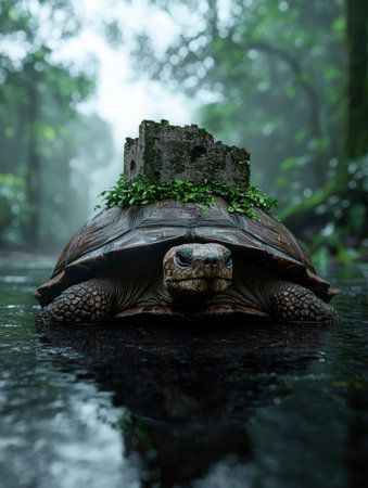 Giant tortoise with castle on its back in jungle.の素材
