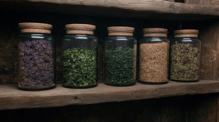 Dried herbs and flowers in glass jars on shelf.の素材