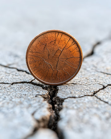 Cracked pavement with a copper coin showing tree veins.の素材