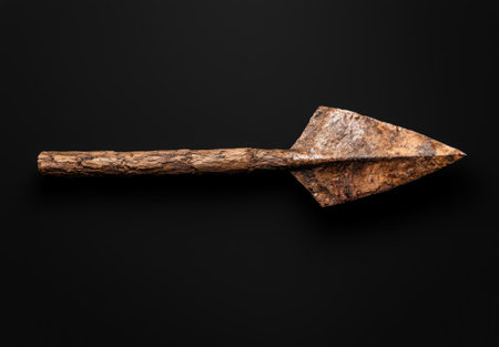 Rustic wooden arrow on a dark background.の素材