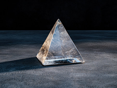 Quartz crystal pyramid casting shadow on textured surface.の素材