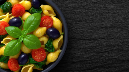 Delicious pasta salad with tomatoes, olives, and basil.の素材