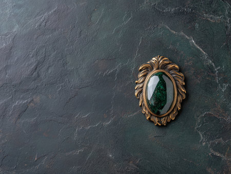 Vintage brooch with green gemstone on dark stone surface.の素材