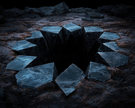 Abstract dark portal surrounded by stone blocks.の素材