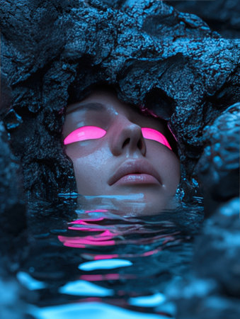 Surreal portrait of a woman submerged in shimmering water.の素材