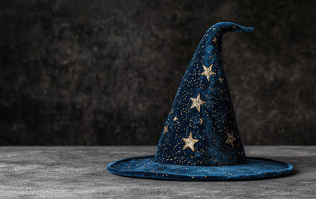 Enchanting blue wizard hat with gold stars on gray surface.の素材