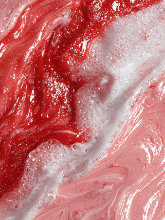 Abstract swirl of red, pink, and white creamy texture.の素材