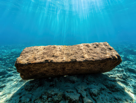 Submerged rock formation under turquoise ocean water with sunbeams.の素材