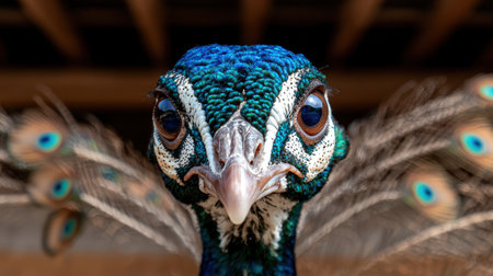 Striking peacock headshot with iridescent blue and green plumage.の素材