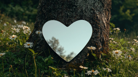 Heart-shaped mirror reflects nature in a tranquil forest scene.の素材