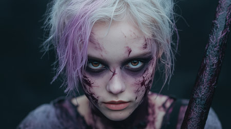 Intense portrait of a young woman with battle makeup.の素材