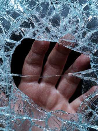 Hand reaching through shattered glass, symbolizing struggle and escape.の素材