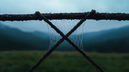 Delicate spiderweb adorned with dewdrops on a misty morning.の素材