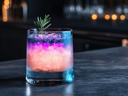 Vibrant cocktail with rosemary sprig on dark bar top.の素材