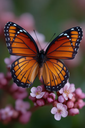 Viceroy butterfly gracefully rests on delicate pink blossoms.の素材