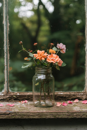 Rustic mason jar filled with peach-colored roses on windowsill.の素材