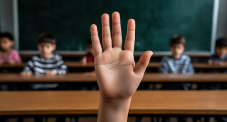 Child raises hand in classroom, ready to answer.の素材
