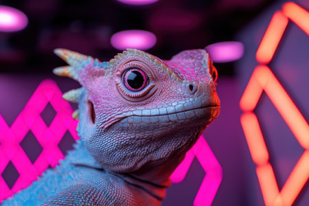 Vibrant pink lizard with captivating eye in neon setting.の素材