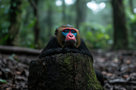 Colorful drill monkey perched on a mossy tree stump.の素材