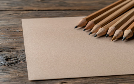 Pencils neatly arranged on a blank sheet of paper.の素材